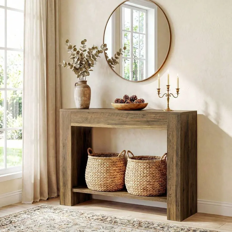 41.3" Width Rustic Brown Farmhouse Console Table - 2-Tier Narrow Storage Cabinet with Sturdy Base, Thick Legs, Tools, Installation Tool Kit for Living Room, Entryway, Easy Assembly Table, Decoration Behind Couch