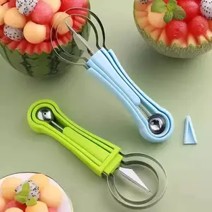 Multifunctional Kitchen Utensil,3-in-1 Stainless Steel Carving Tool Set with Auto-Spinning Fruit Slicer, Melon Baller Scoop, Watermelon Cutter, Seed Remover for Fruit Salad, Party Prep