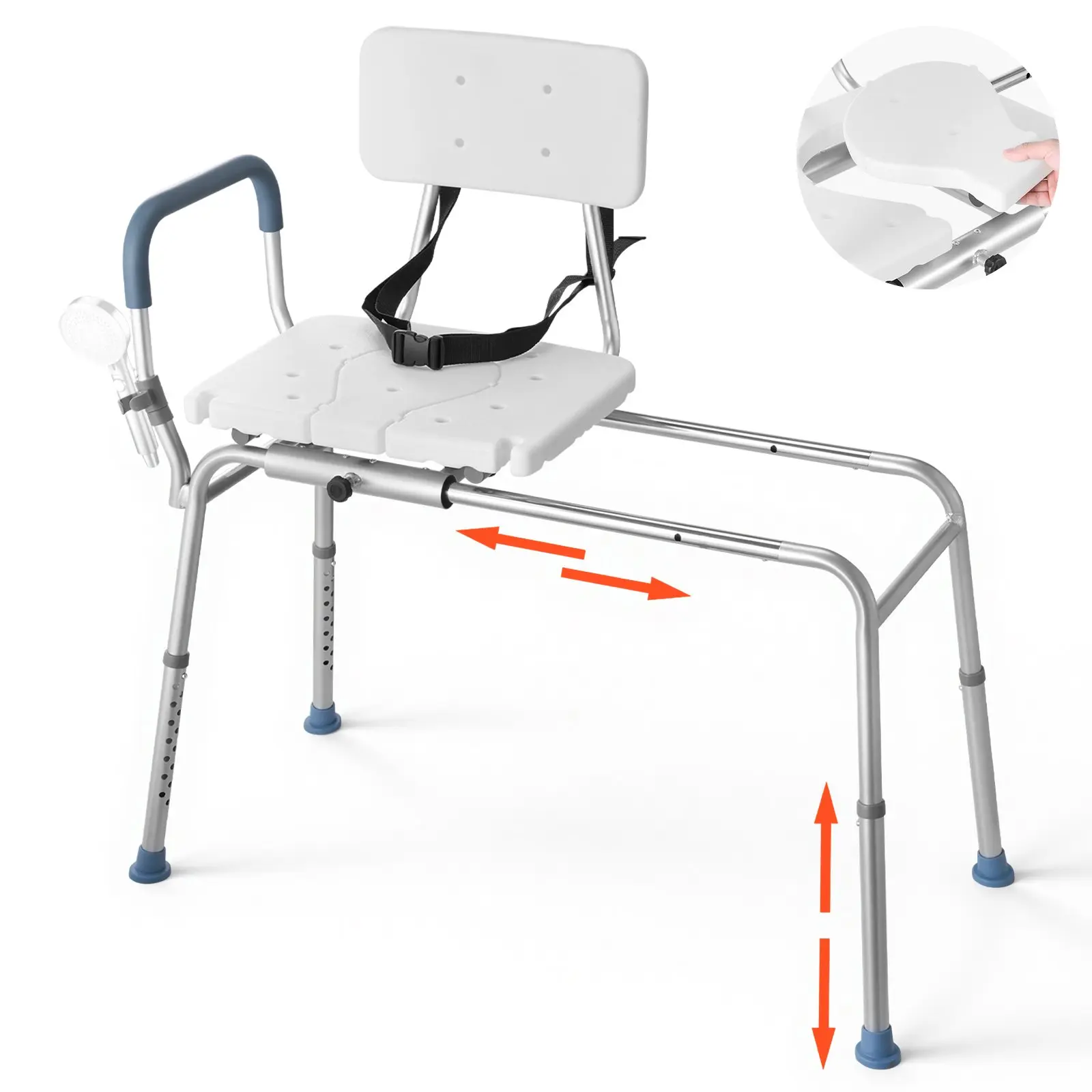 VEVOR Aluminum Sliding Shower Chair, 400 lbs Capacity Bathtub Transfer Bench, Heavy-Duty with Arms & Backrest, 40.7x22x40.2 in Adjustable Height Seat, Quick Install for Seniors & Disabled, Handicap