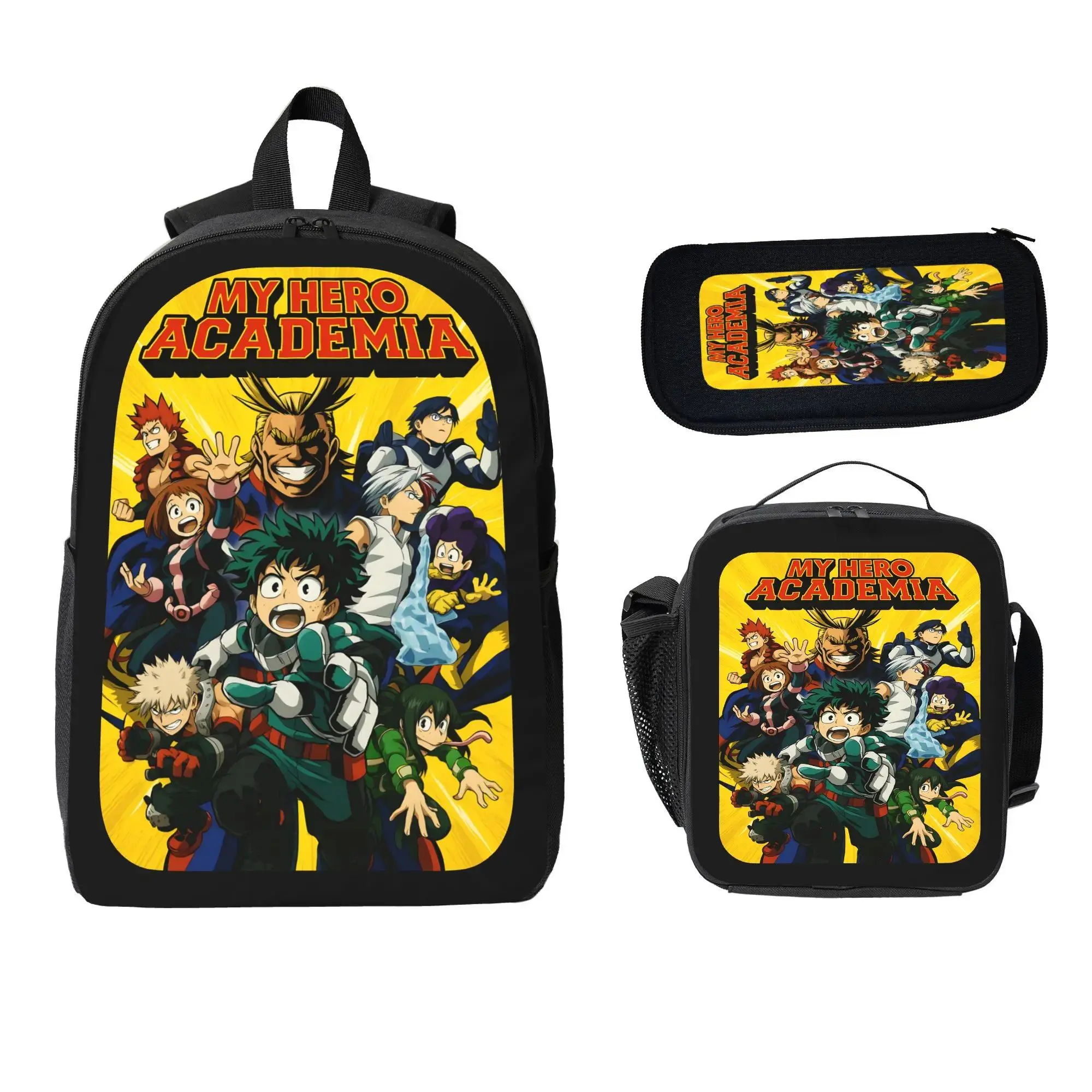 My Hero Academia 3-in-1 Backpack Set with Lunch Box & Pencil Case Large Capacity School Backpack for Boys Girls Teens Anime Fans Travel Daypack Gift, 3 In 1 Backpacks, Anime Manga Backpacks