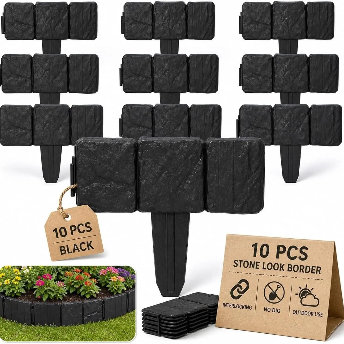 10 Piece Stone Look Decorative Garden Fence, Artificial Stone Garden Border, Garden Edge Decor, Landscape Decoration Panels, Outdoor Yard Edging, Fence Decorations Outdoor, Garden Supplies
