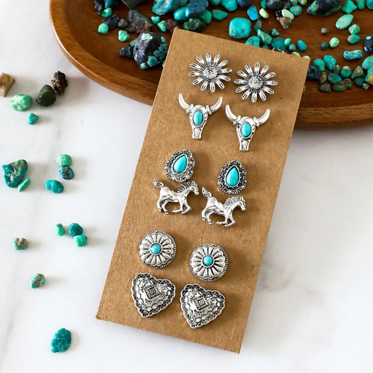 Women's 6-Pair Vintage Western Earring Set, Antique Silver Studs with Turquoise, Cow Skull & Heart Motif, Holiday Jewelry Accessory Combo, Bohemian Earrings, Fashionable Jewelry Accessories, Statement Earring