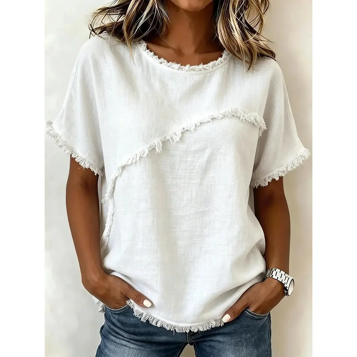 Loose Short Sleeves Fringed Solid Color Split-Joint Round-Neck T-Shirts Tops