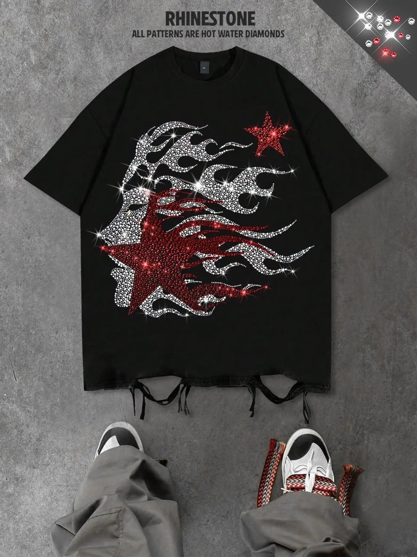 Rhinestone Y2K style flame portrait short-sleeved T-shirt for men, loose fit, fully ironed with real rhinestones, unisex aesthetic geometric shirt/T-shirt, European and American street style five-pointed star men's short-sleeved shirt.