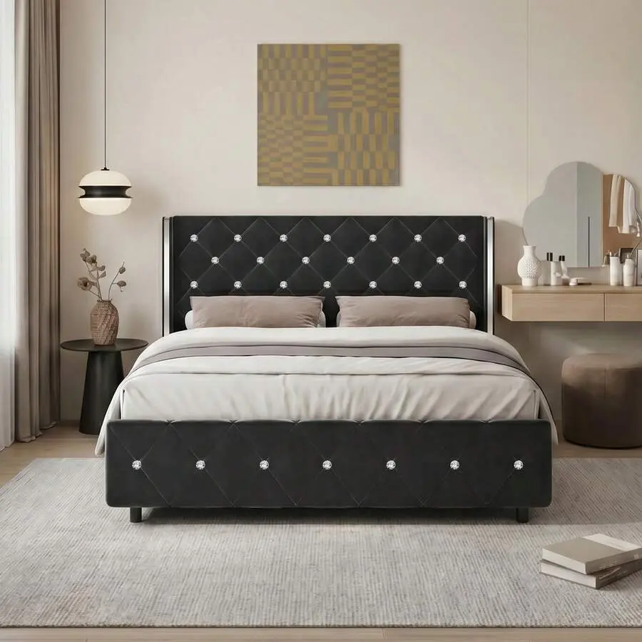Twin/ Full/ Queen/ King Size Bed Frame, Upholstered Bed Frame With Diamond Headboard And Footboard, No Box Spring Needed With Wood Slat Support, Easy Assembly, Twin Bed Frame/  Full Bed Frame/ King Bed Frame, Black/ Pink/ White/ Purple/ Blue/ Green