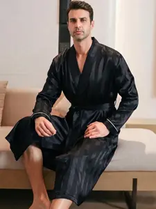 Men's Long Sleeve Striped Sleep Robe, Spring Summer Fashion Casual Bathrobe, Home Wear, All Seasons Suitable, Comfortable and Stylish