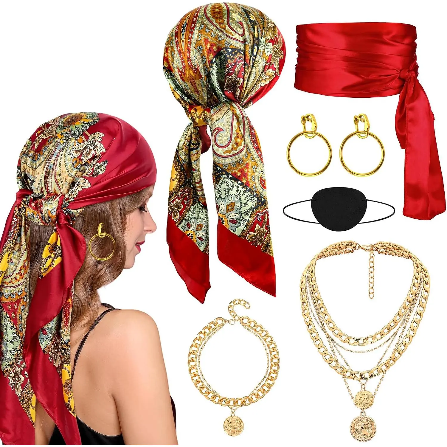 Pirate Costume Accessories for Women, Womens Captain Pirate Accessories with Bandana  Scarf Sash Necklace (6PCS) (Red)