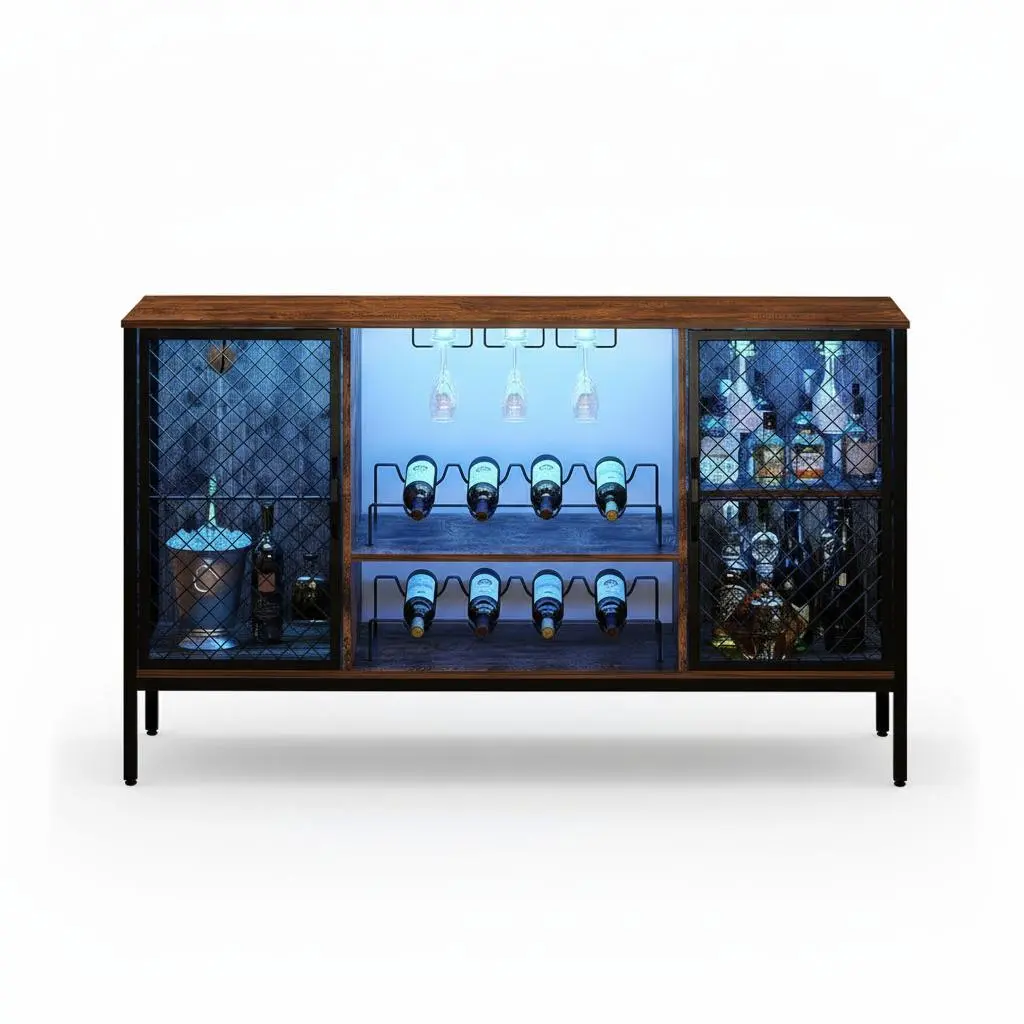 Rustic Brown Rectangular Single Unit Wine Bar Cabinet - Wood Liquor Storage with LED Lights, Power Outlets, Doors, Glass Holders, Wine Rack - Mini Coffee Bar for Dining, Living Room