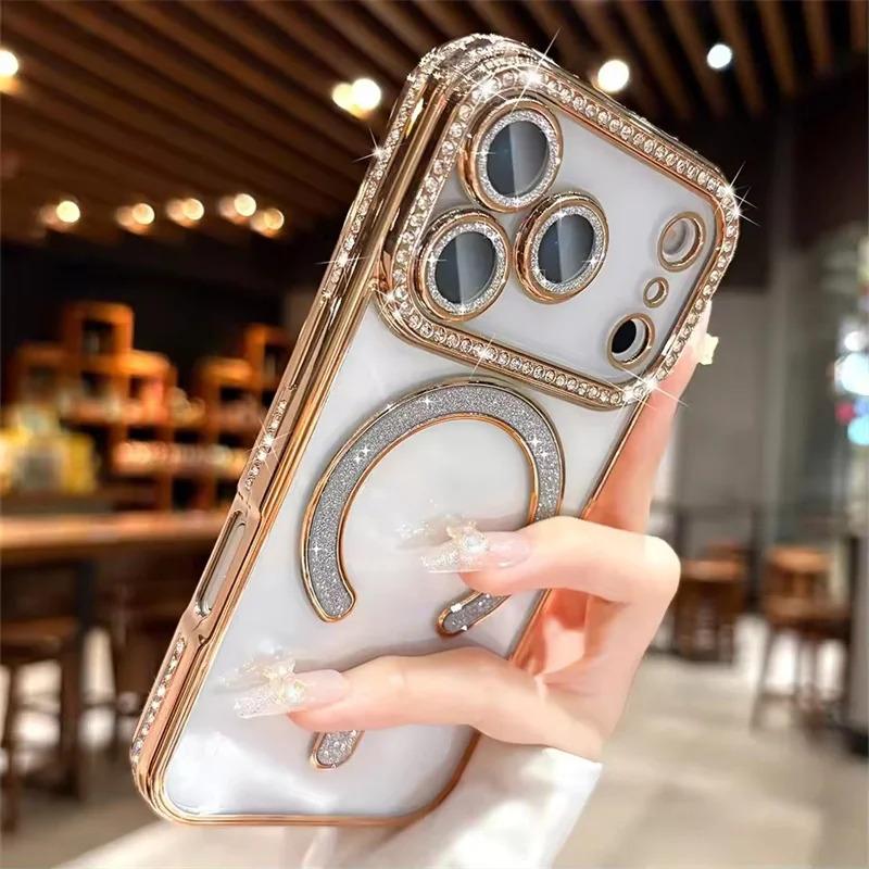 High-grade Glitter Rhinestones Phone Case For iPhone 17 16 15 11 12 13 14 Pro Max Plus Magsafe Magnetic Clear Lens Protect Cover