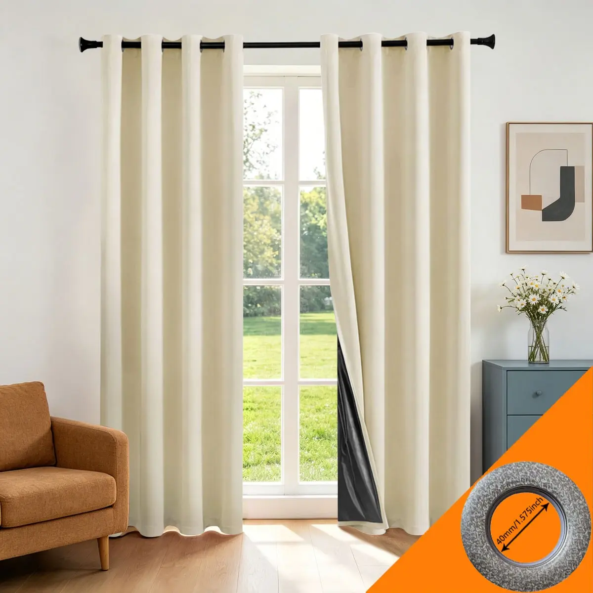 2 Piece Metal Punched Full Blackout Curtains, Cream Wood Wabi-Sabi Style, Thick Film Lining, 100% Light Block, Insulated, Soundproof, Window Curtain Panels