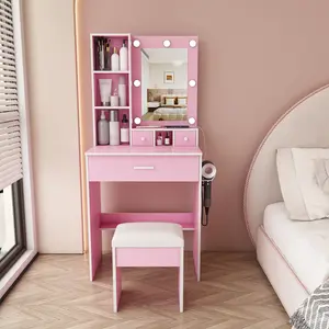 Aobtkel®Vanity Table with Mirror & Adjustable LED Lights, Power Outlet, Hairdryer Holder & Stool – Compact Dressing Desk for Small Bedrooms (Pink)