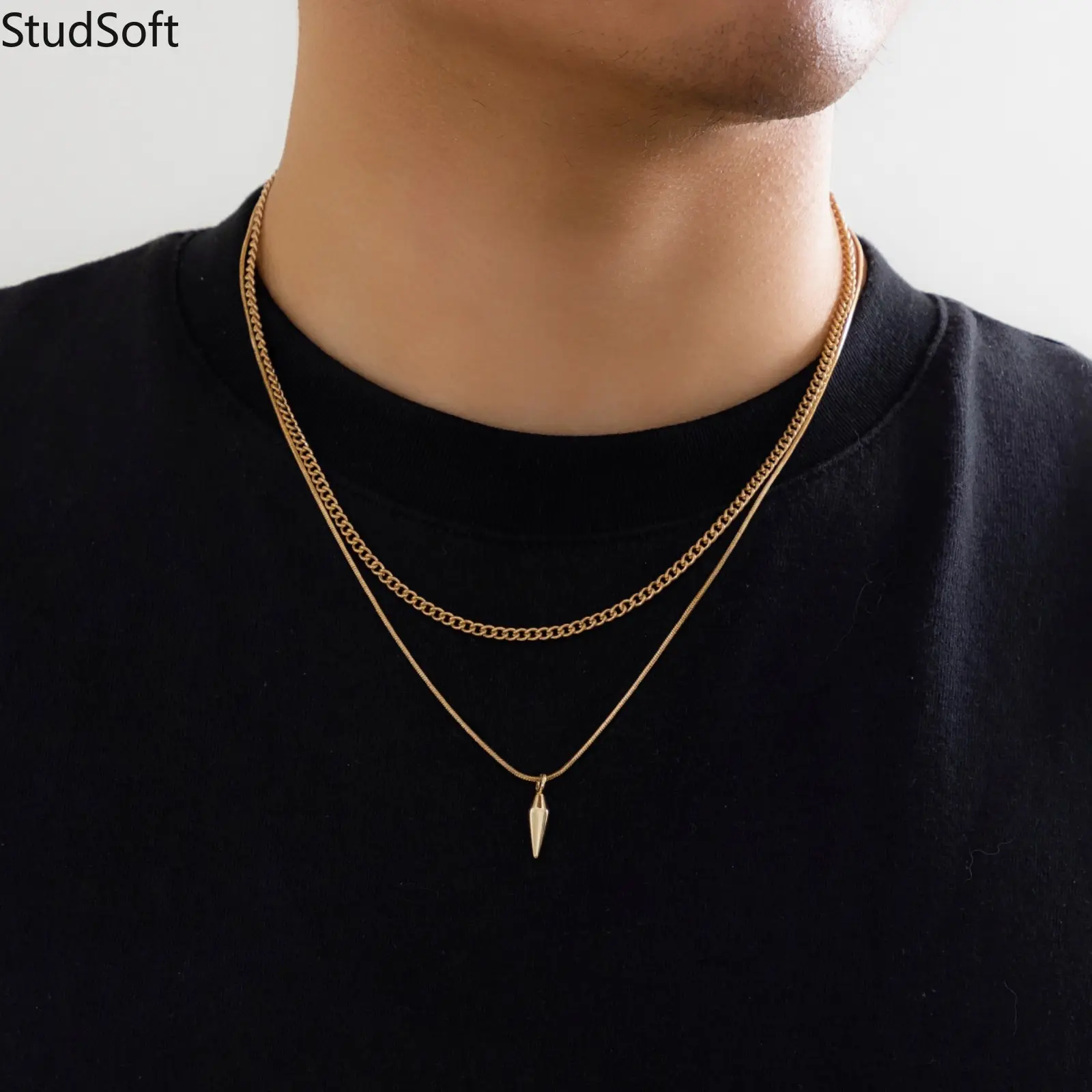 Gold Chain Necklace for Men Women Double Layer Cuban Link Chain Minimalist Spike Cone Pendant Necklace Punk Layered Jewelry Gifts for Him Boyfriend,back to school,back to school haul