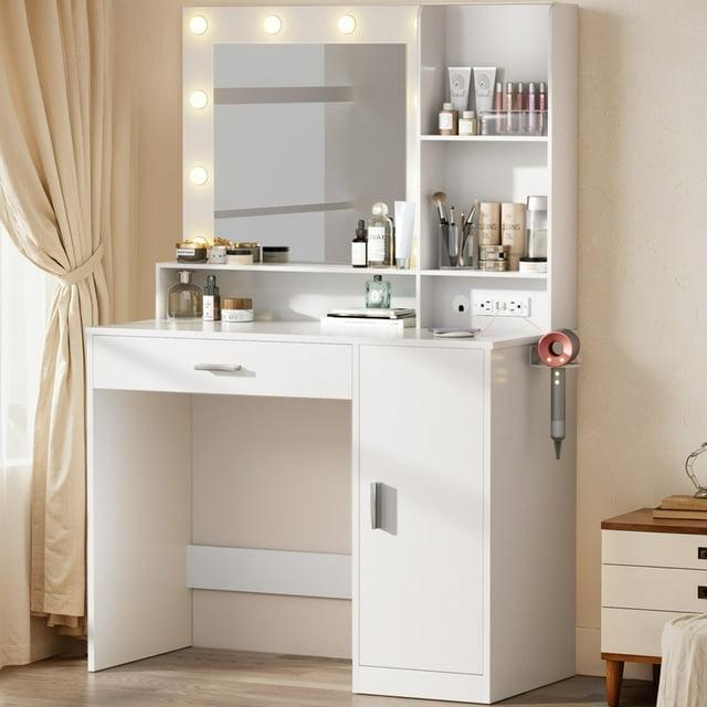 FURMAX Vanity Desk with Lights and Mirror Makeup Vanity Table Set with Cabinet and Power Outlet, White