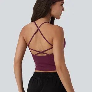 Halara OneForm Seamless Flow Crisscross Backless Deep V-neck Cropped Built-in Bra Yoga Tank Top