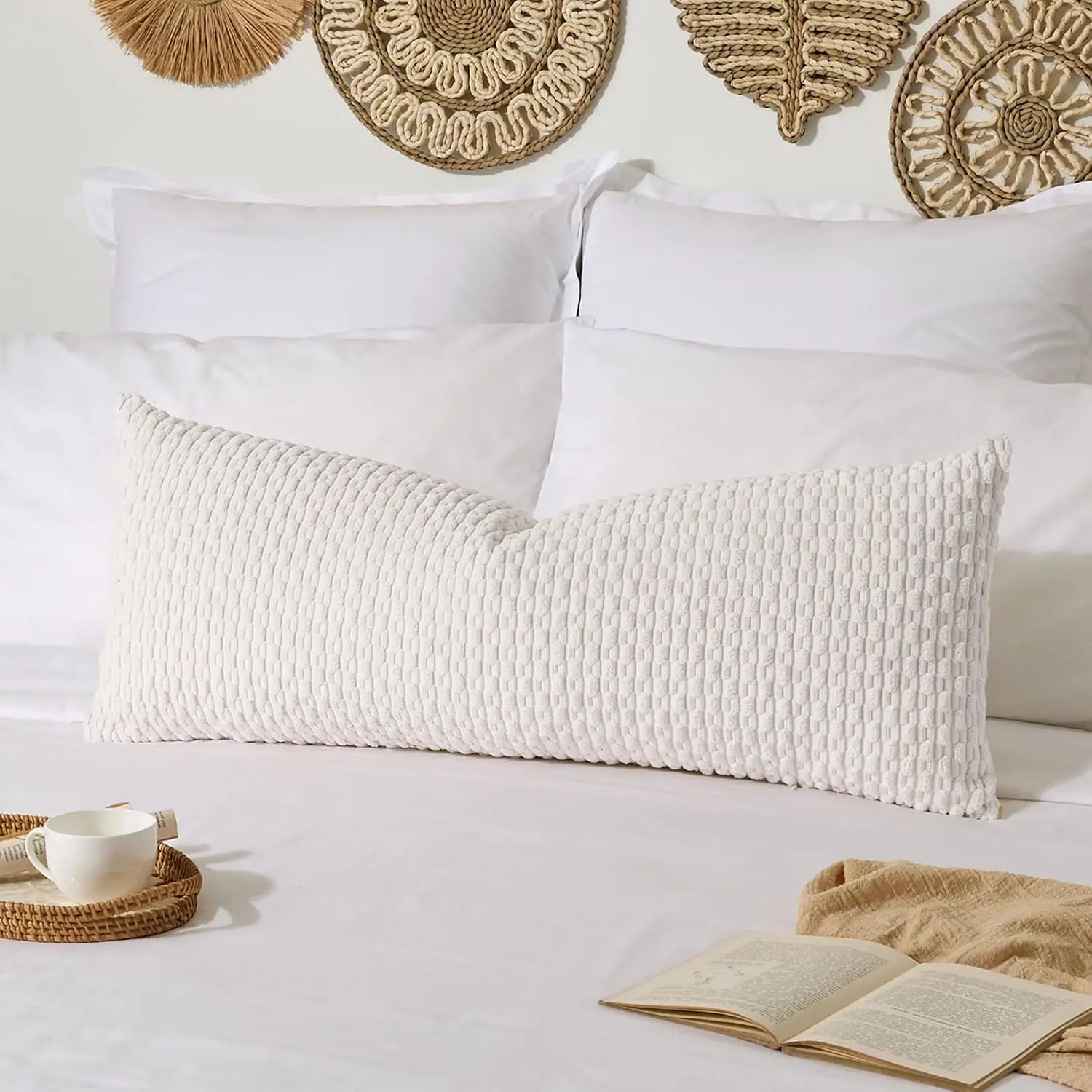 Soft Corduroy 14"x36" Lumbar Pillow Cover 1 Pack, Pure White| Stripe Plush Corduroy Decorative Oblong Cushion Cover Farmhouse Home Decor for Sofa Couch Bed Chair