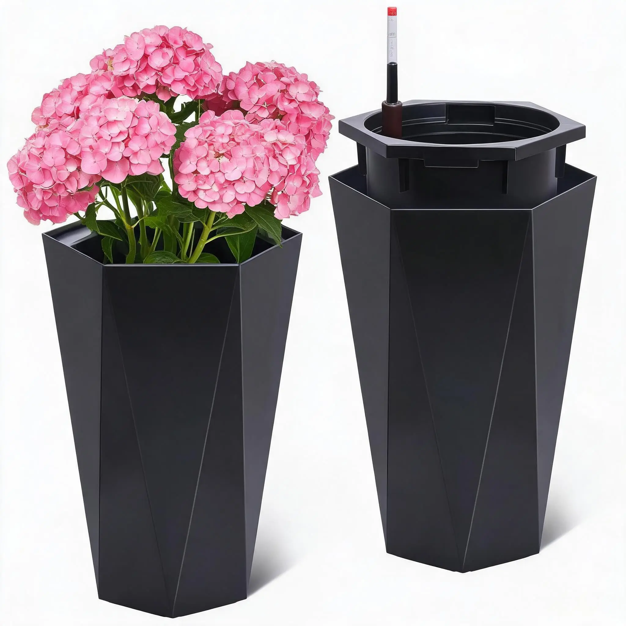 GARVEE 22.4" Black Tall Planters Outdoor Set of 2, Large Black Flower Pots Outdoor with Drainage Holes & Automatic Watering System, Modern Large Resin Planters for Outdoor Plants, Front Porch, Deck, Diamond