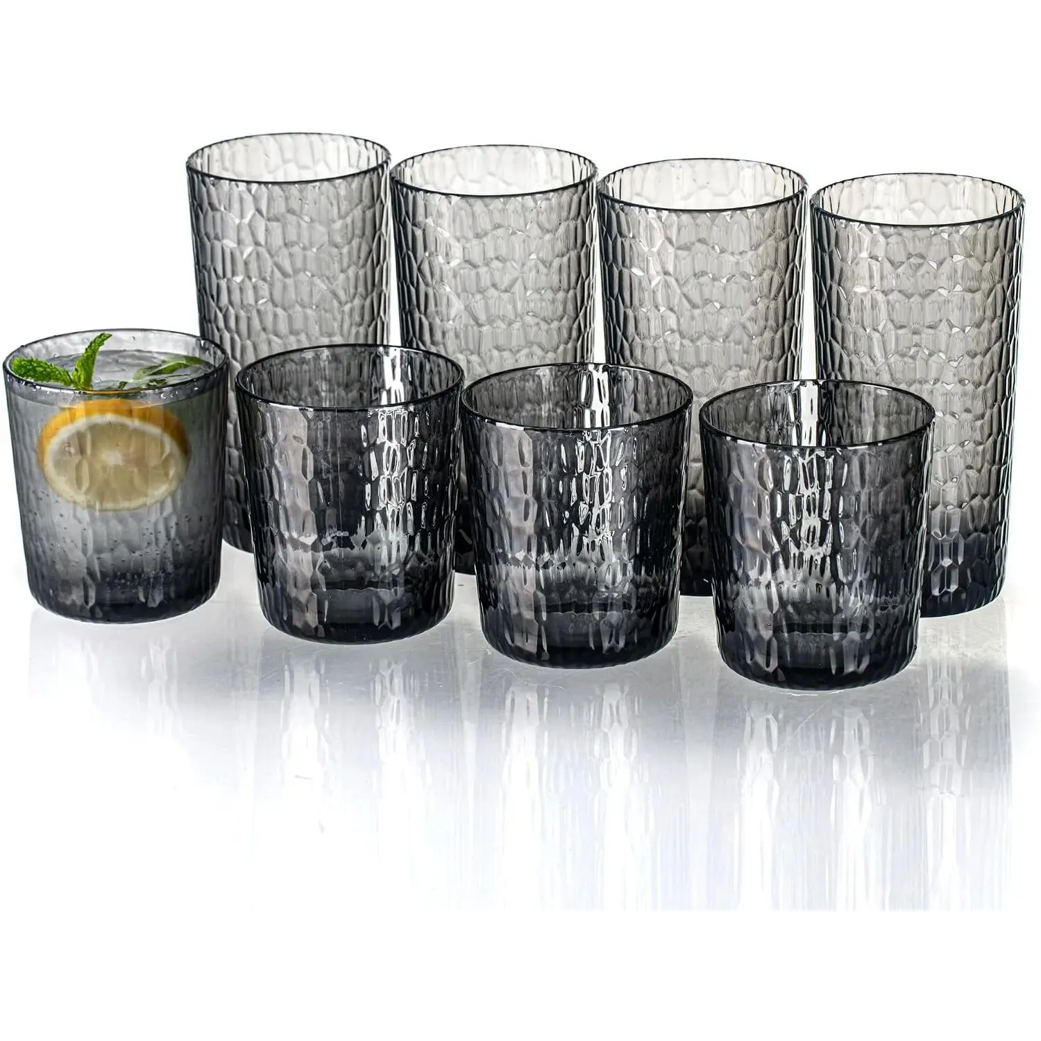 15oz and 22oz Grey  Glasses Drinkware (Set of 8),  Stackable Shatter-Proof Plastic Tumblers,  Plastic Drinking Glasses, , Dishwasher-Safe