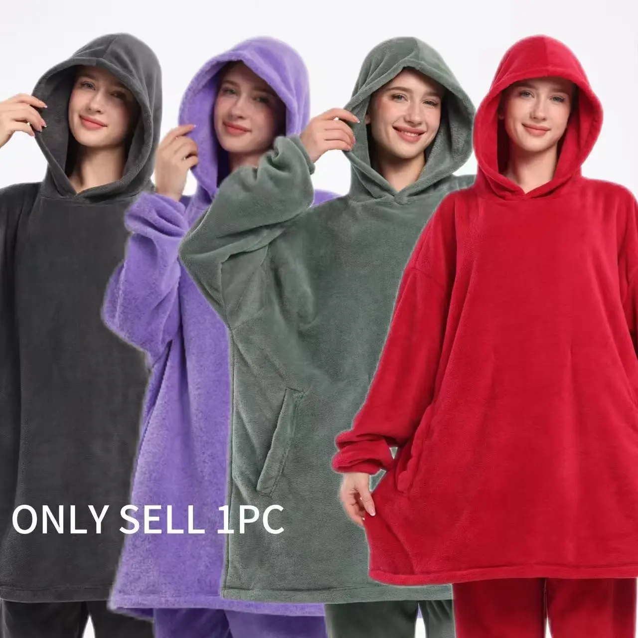 Autumn Winter Soft Coral Fleece Printed Pajamas, Wearable Blanket, Extra Large Size with Pockets, Hooded Top, Long Sleeve, Multiple Colors, Couples' Set