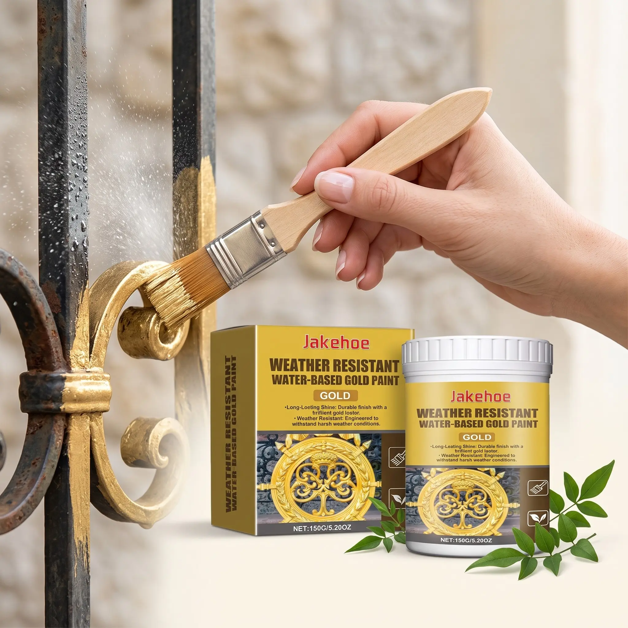 Jakehoe Weather-Resistant Exterior Water-Based Gold Paint, Waterproof Sunscreen, Fade-Resistant, Eco-Friendly, Indoor/outdoor Use, Roman Column Decor
