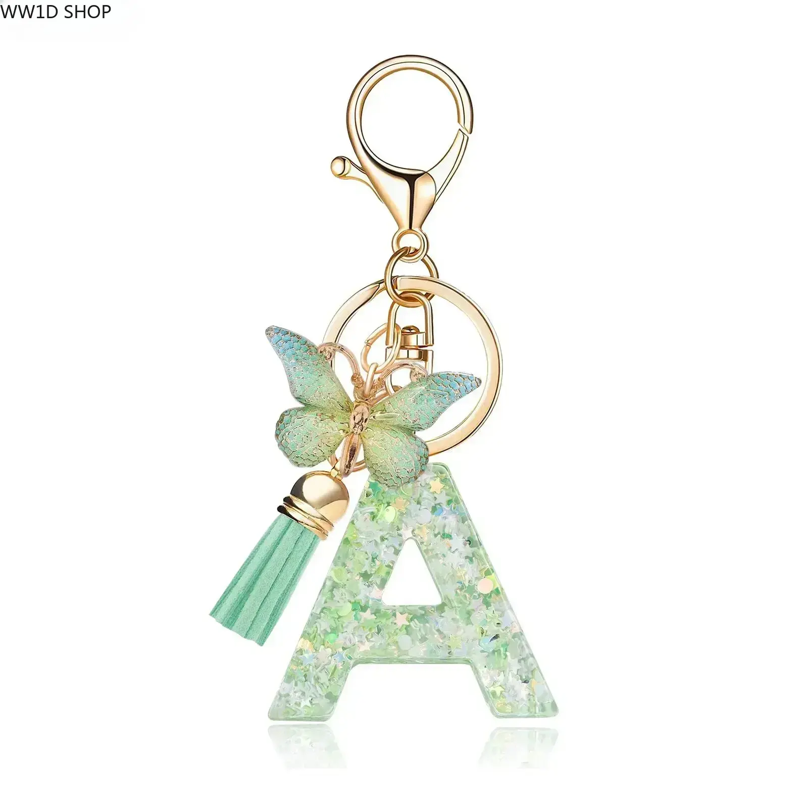 Women's Small Personalized Initial Letter Polyresin Bag Charm Keychains - Coquette Mint Green Glitter, Holographic Glitter Star, Green Butterfly Accent, Tassel, Back to School Haul, Elegant Kawaii Costume Jewelry Gift