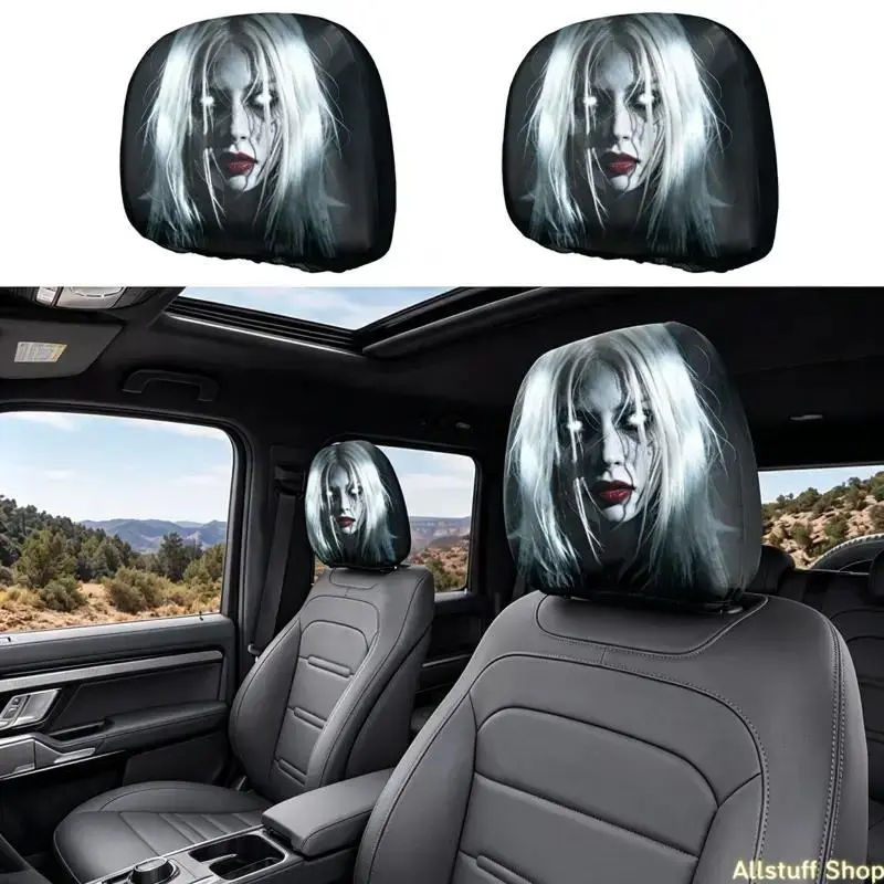 Set of 2 Elastic Stretch Scary Ghost Woman Face Car Seat Covers, Universal Halloween Spooky Auto Headrest Protectors, Multiple Patterns Car Interior Decor & Funny Prank Accessories