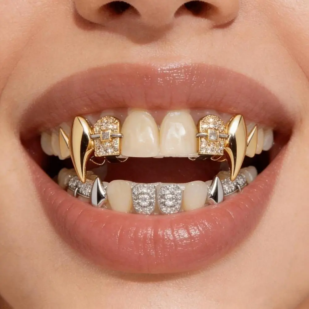 Full Set Golden Zirconia Golden Upper Teeth Grillz, Shiny Vampire-Style Fashion Body Jewelry, Novelty Gift for Halloween, Christmas