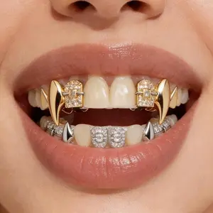 Full Set Golden Zirconia Golden Upper Teeth Grillz, Shiny Vampire-Style Fashion Body Jewelry, Novelty Gift for Halloween, Christmas
