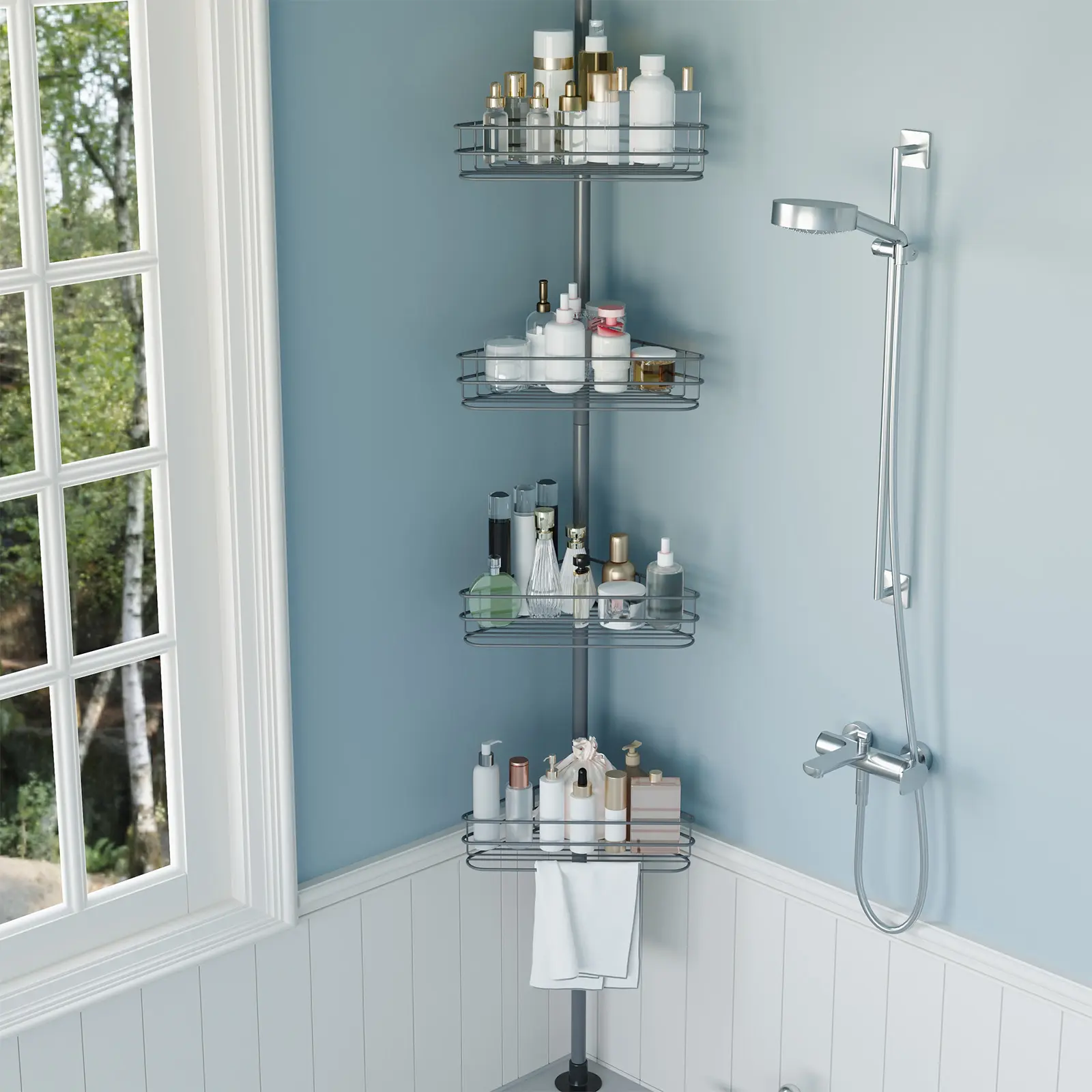 Aluminum Sturdy Rustproof Shower Organizer - Tension Extendable Pole Corner Caddy with 4-Tier Shelves, Towel Racks - Tool-Free Adjustable Functional Rack, Easy-Clean for Bathroom/Kitchen