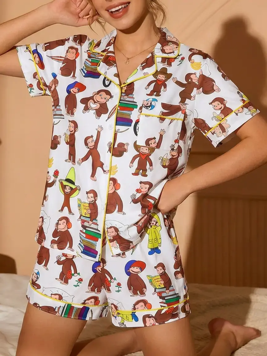 Curious George Cartoon All-Over Print 2-Piece Pajama Set Pjs for Women, Cute Monkey Pattern Lapel Short Sleeve Top with Pocket & Elastic Waist Shorts, Soft Comfortable Fit All-Season Everyday Casual Daily Loungewear Homewear Sleepwear