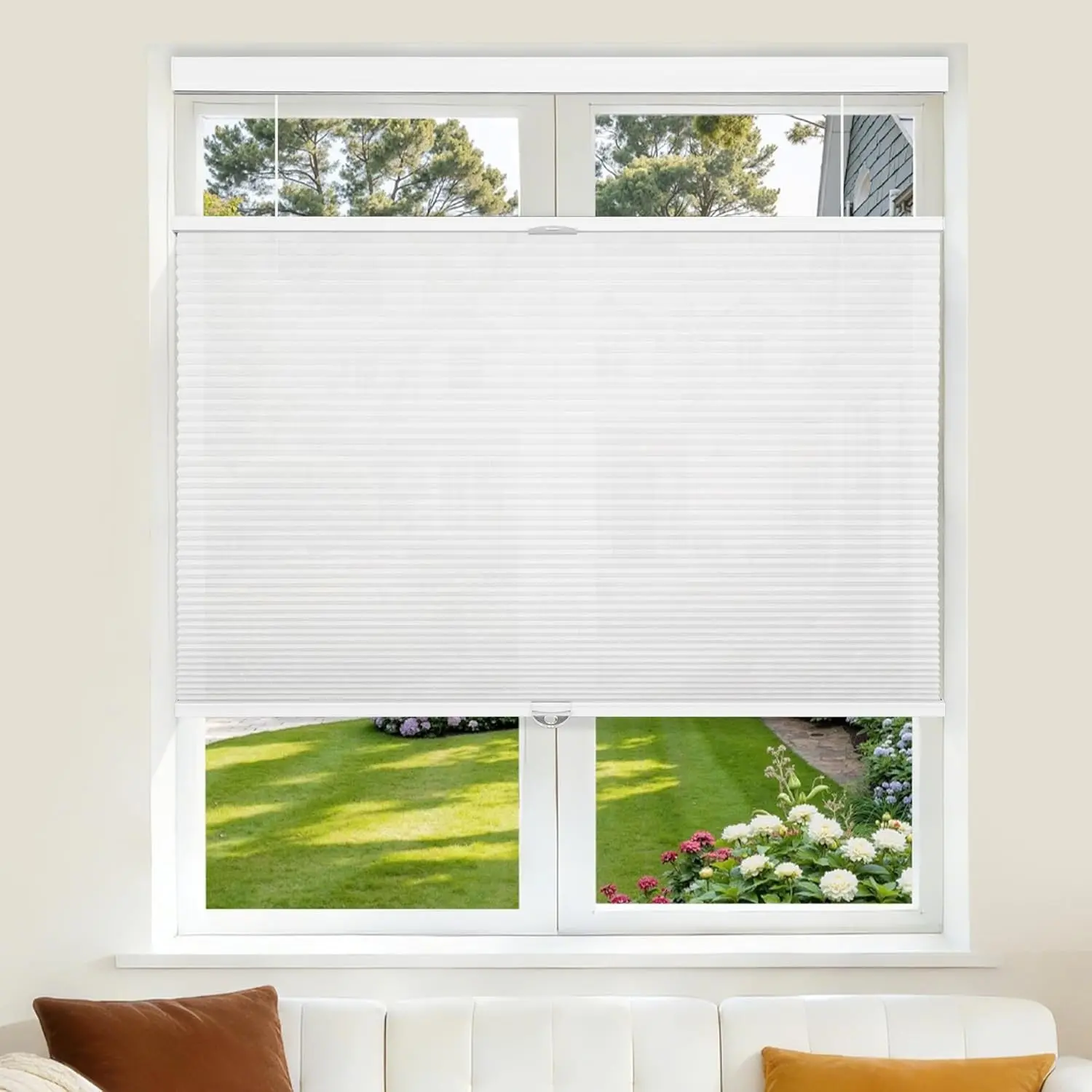 Grandekor Cordless Top Down Bottom Up Cellular Shades, Room Darkening Light Filtering Honeycomb Blinds, White 34" W x 64" H, Privacy Window Shades for Bedroom Living Room Home Office