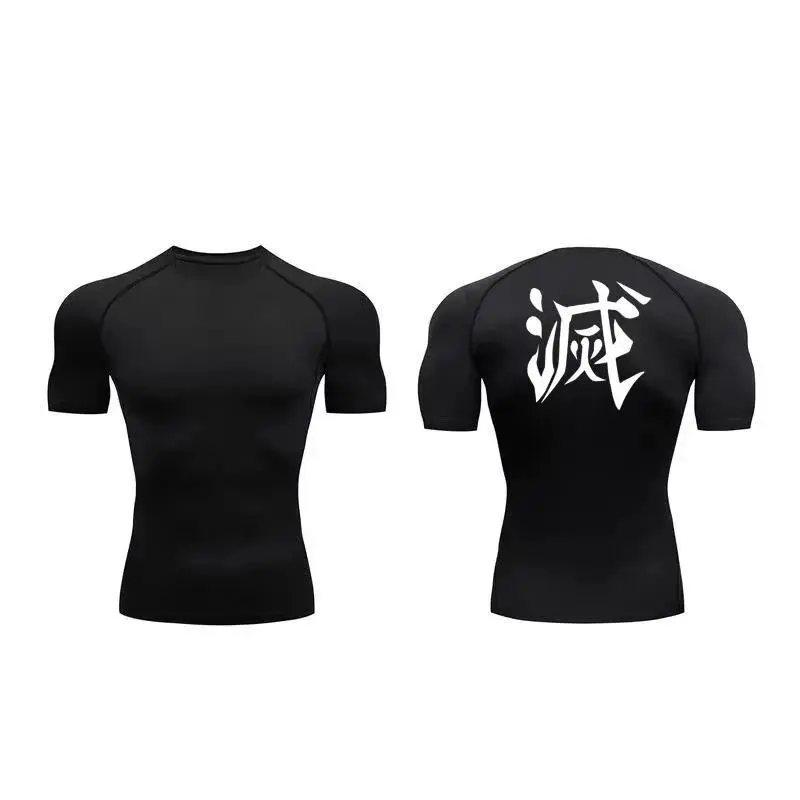 Demon Slayer Print Men's Compression Shirt | Quick Dry Short Sleeve Gym Workout Top & Athletic Rash Guard ZY0060