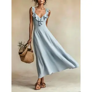 Women's 2026 Casual Fitted Resort-Style Dress, Polyester Solid Fabric, V-Neck, Pleated, Breathable