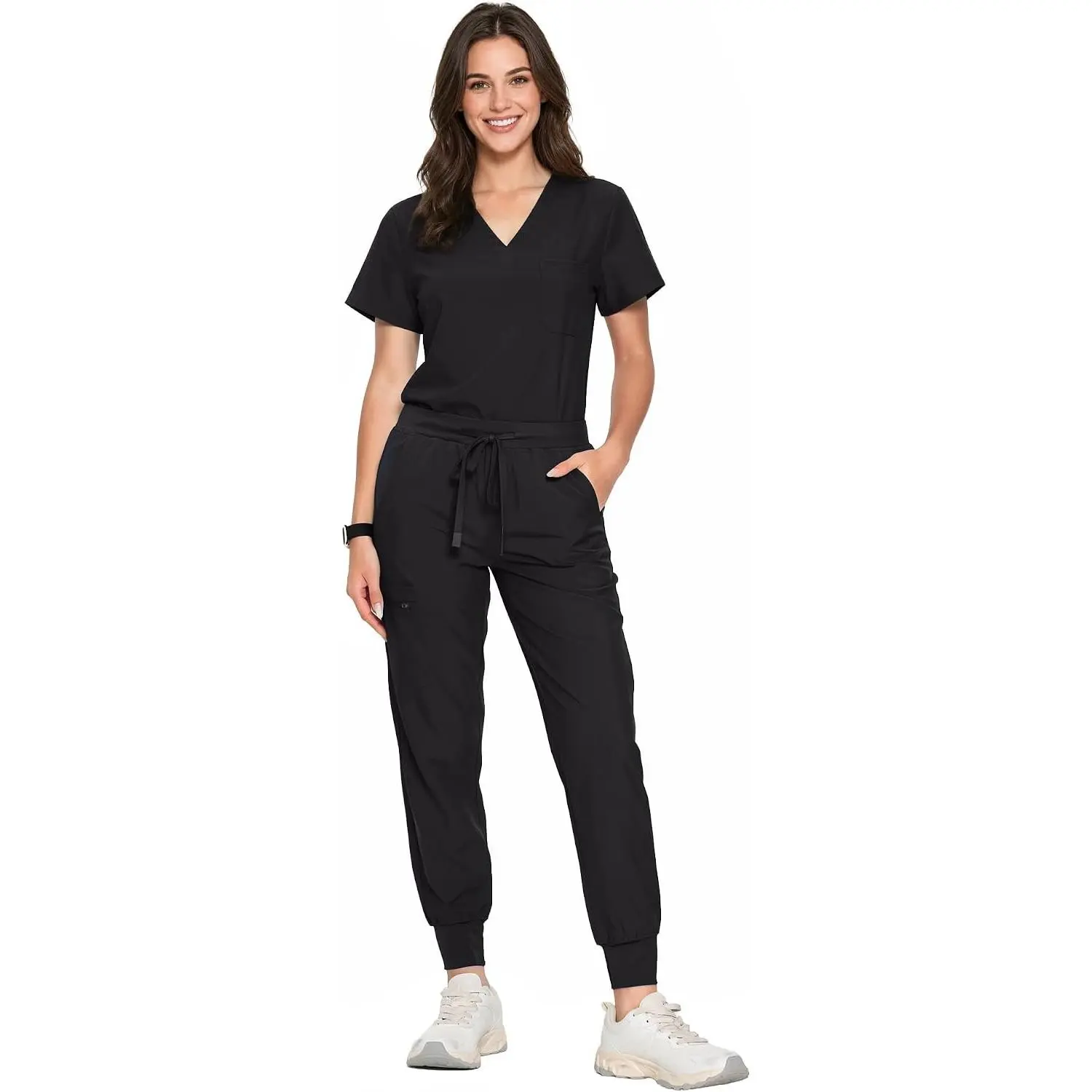 Women's Scrubs Set: V-Neck Top & Cargo Pants with 10 Pockets, Water-Resistant Soft Stretch Easy Care Medical Uniforms for Nurses, Clinics, Long Shifts