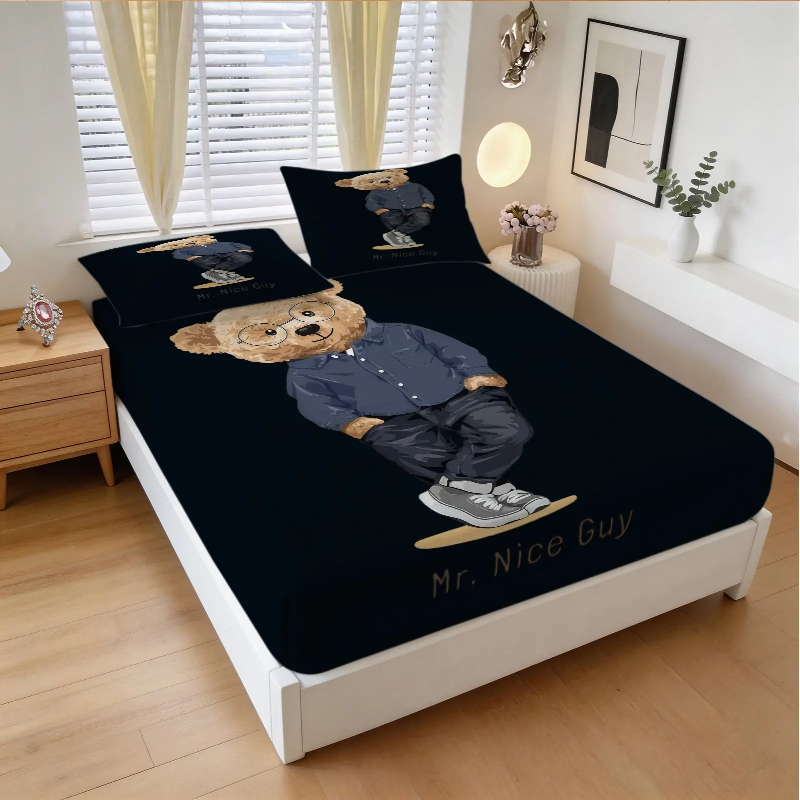 3-Piece Set Of Teddy Bear Patterned Bed Sheets, Including 1 Bed Sheet And 2 Pillowcases, Soft And Comfortable Bedding, Comfy Bedding Sets, Non Slip And Dust Cover, Suitable For Bedrooms And Guest Rooms