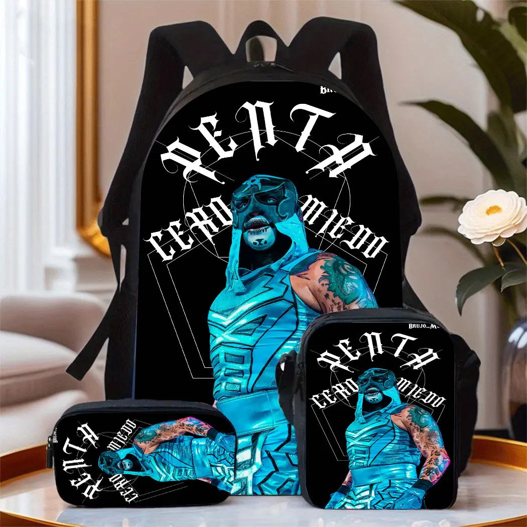 3-Piece Teen Water Resistant Backpack Set, Penta Zero Miedo Blue Masked Luchador Tattoo Wrestler Gothic Text Print School Kit Backpack Lunch Bag Pencil Case 600D Oxford Lucha Libre Fans Daily Use
