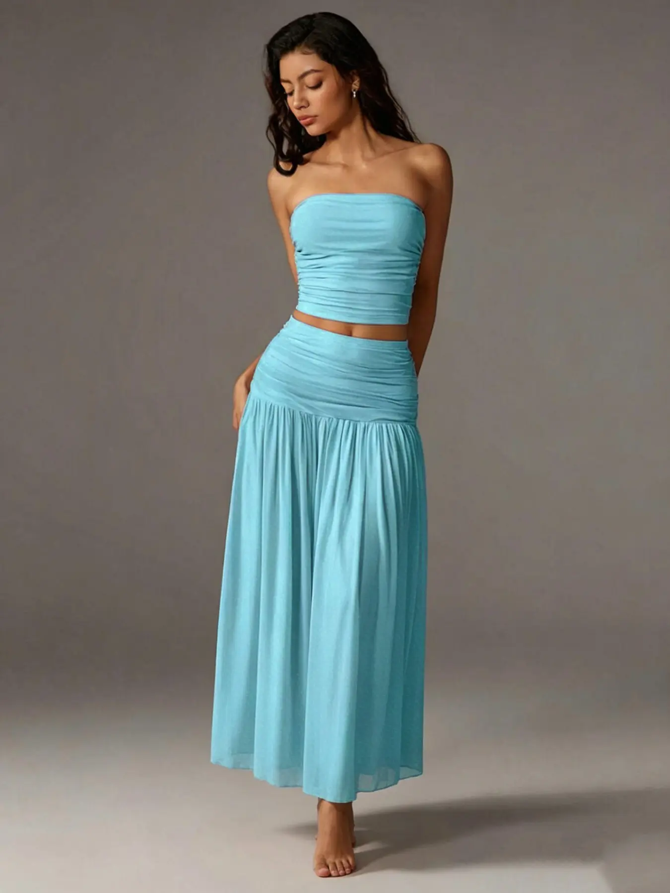 Women's Mesh Solid Color Halter Top Sleeveless and Long Dress Two-Piece Set, Breathable Summer Outfit, Elegant and Comfortable for Daily Wear, Neck Top Set