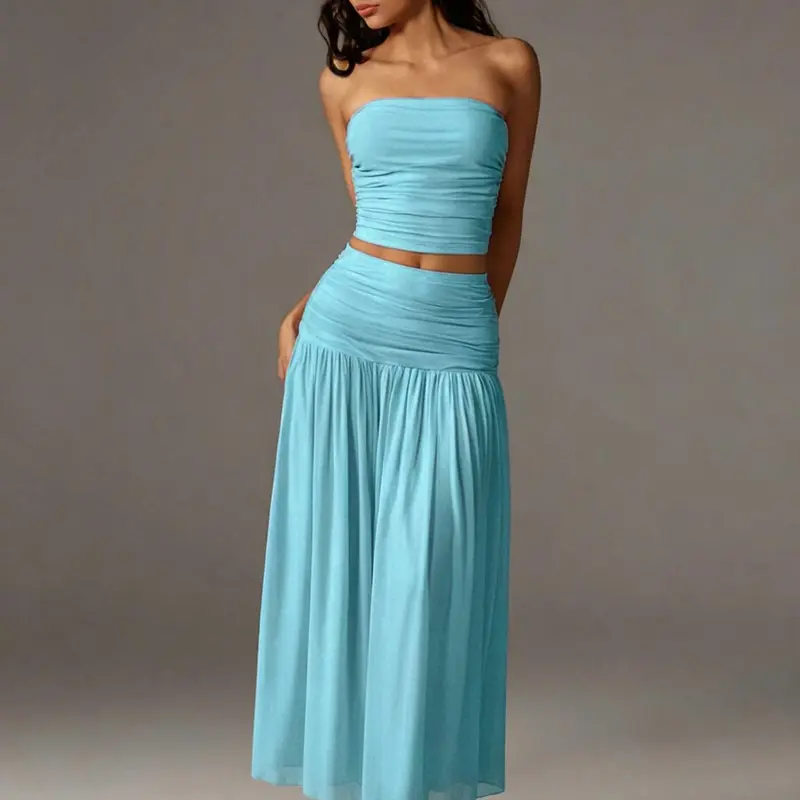 Women's Mesh Solid Color Halter Top Sleeveless and Long Dress Two-Piece Set, Breathable Summer Outfit, Elegant and Comfortable for Daily Wear, Neck Top Set