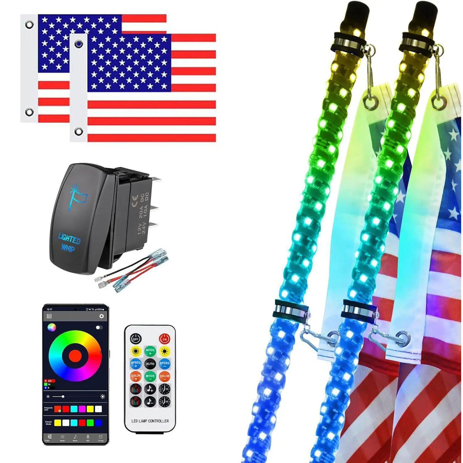 2FT Fat RGB LED Whip Lights, Fiberglass Spiral Design with Dual Control (App, Remote, Rocker Switch) & Strip Lights, Festive Holiday Gift for Polaris, Go Kart, Side-by-Side, Dune Buggy, ATV, SXS UTV