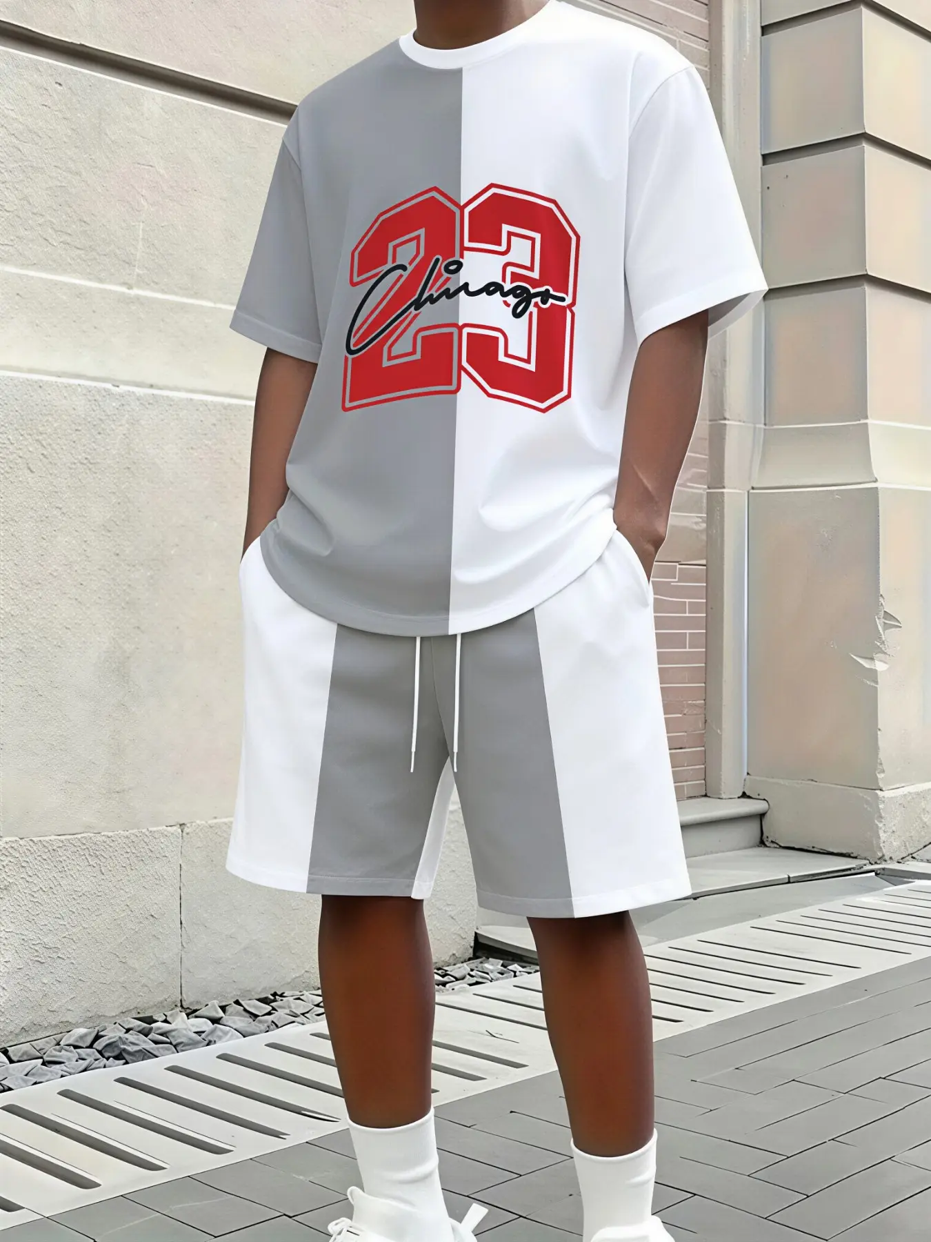 Men Neutral Split Chicago Street Round Neck Tracksuit, Versatile Basic Outfit For Dallas Family Camping & Casual Errands, Hot Selling Mens Daily Hip Hop 2Pcs Suit Fashion