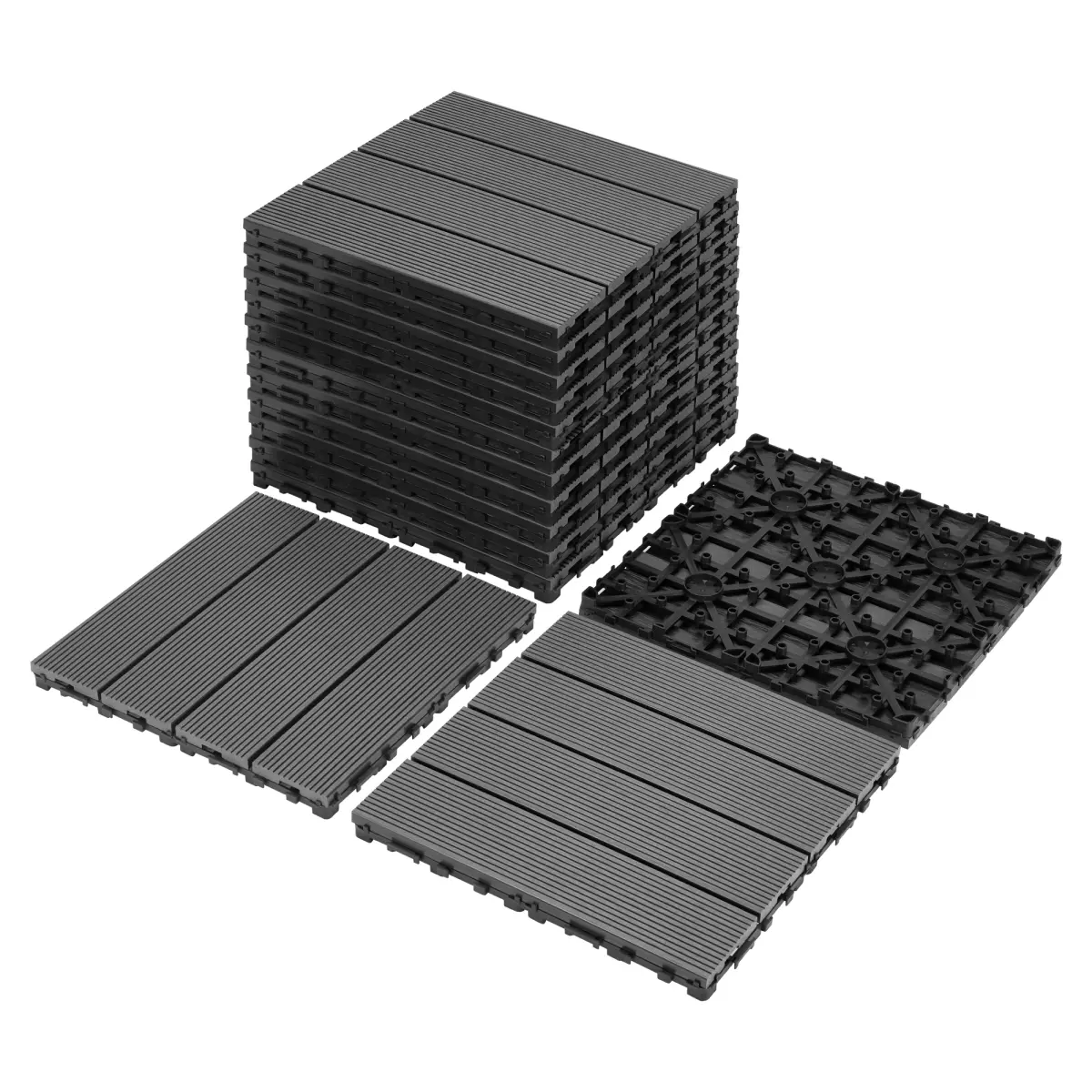 WPC Recycled Interlocking Deck Tiles, 4-Slat Wood Plastic Composite Outdoor Flooring with Drainage PE Base, Weatherproof DIY Snap-Together Flooring for Patio Balcony Use (Ideal for DIY Users), Drainage Base