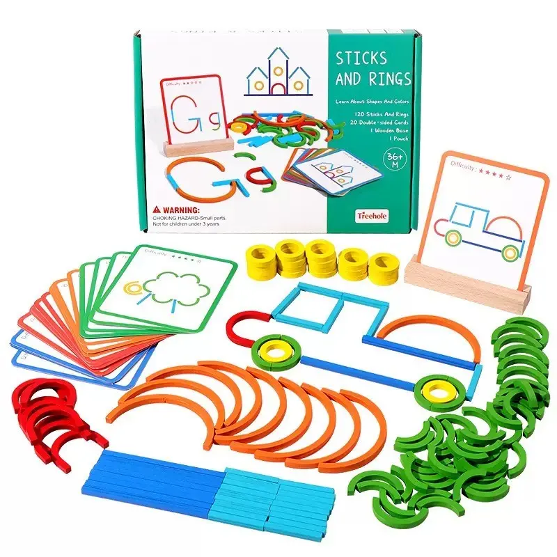 Wooden Sticks and Rings Shape Builder Set, 1 Box Colorful Logic & Shape Recognition Learning Aid, Classroom & Parent-child Interactive Teaching Props, Wooden Pattern Building Material for Boys & Girls