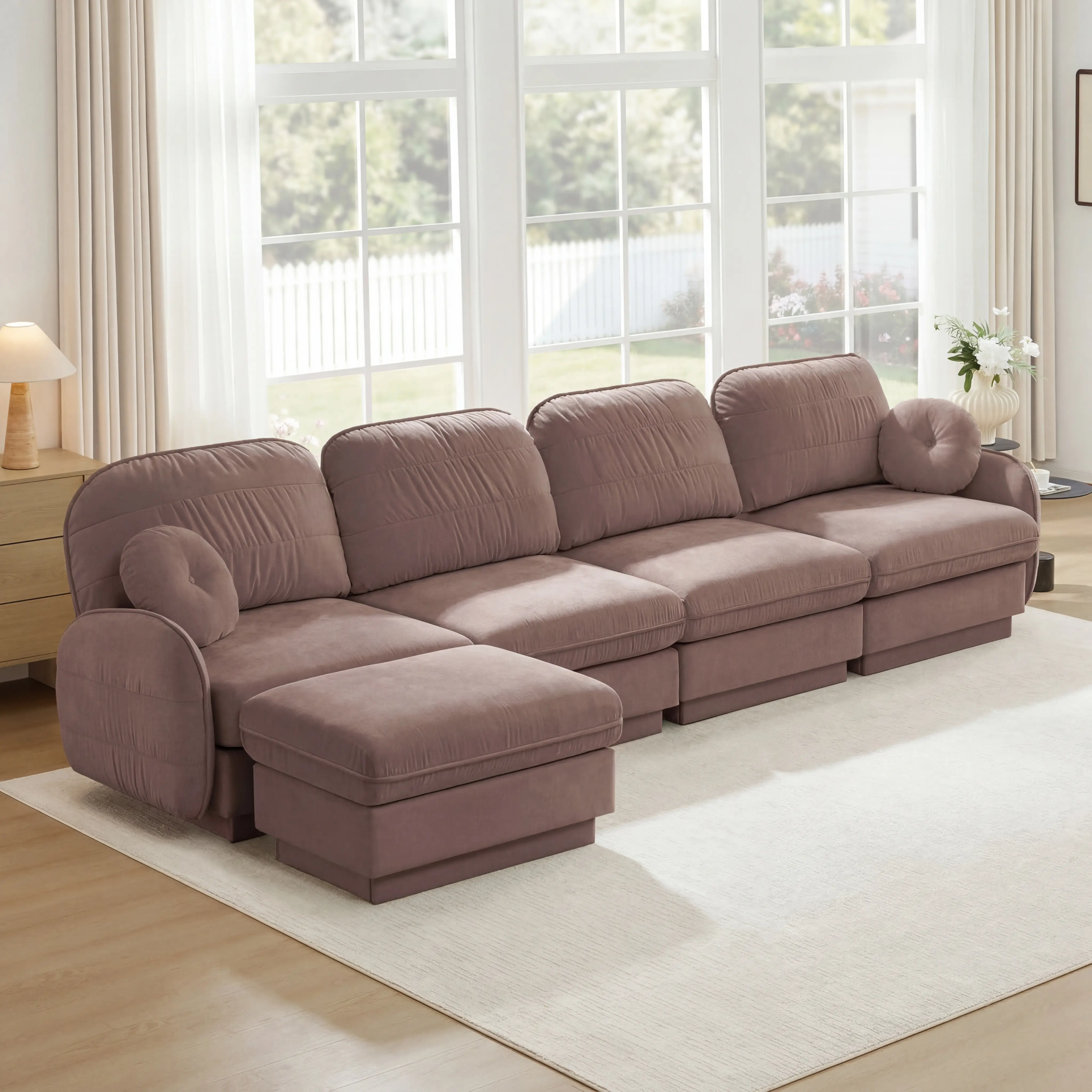 ARCH Oversize Chenille L-Shaped Sectional Sofa, 4-Seat Sofa Sectional Couch with Movable Ottoman, Deep Seat, Round Pillows, Quilted Back Cushions, Recessed Base Frame Legs, Easy Assembly for Living Room, Rose Dust