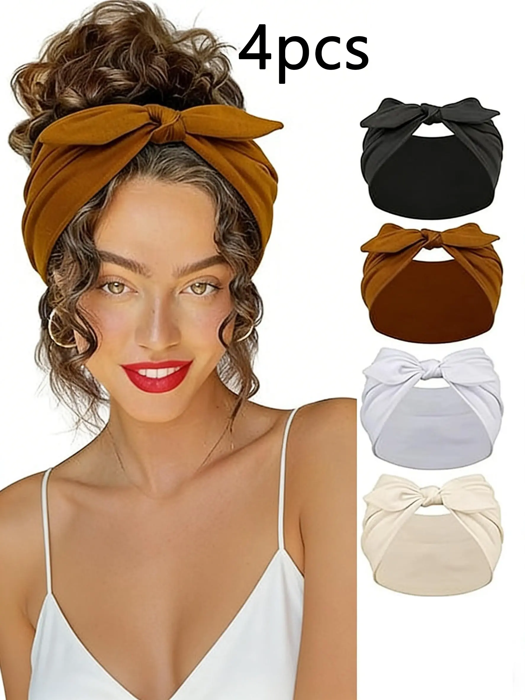 4pcs Boho Elastic Satin Headbands, Wide Bunny Ear Design, Halloween Hair Accessories, Fall Winter Women's Headscarves, Fitness Yoga Outdoor