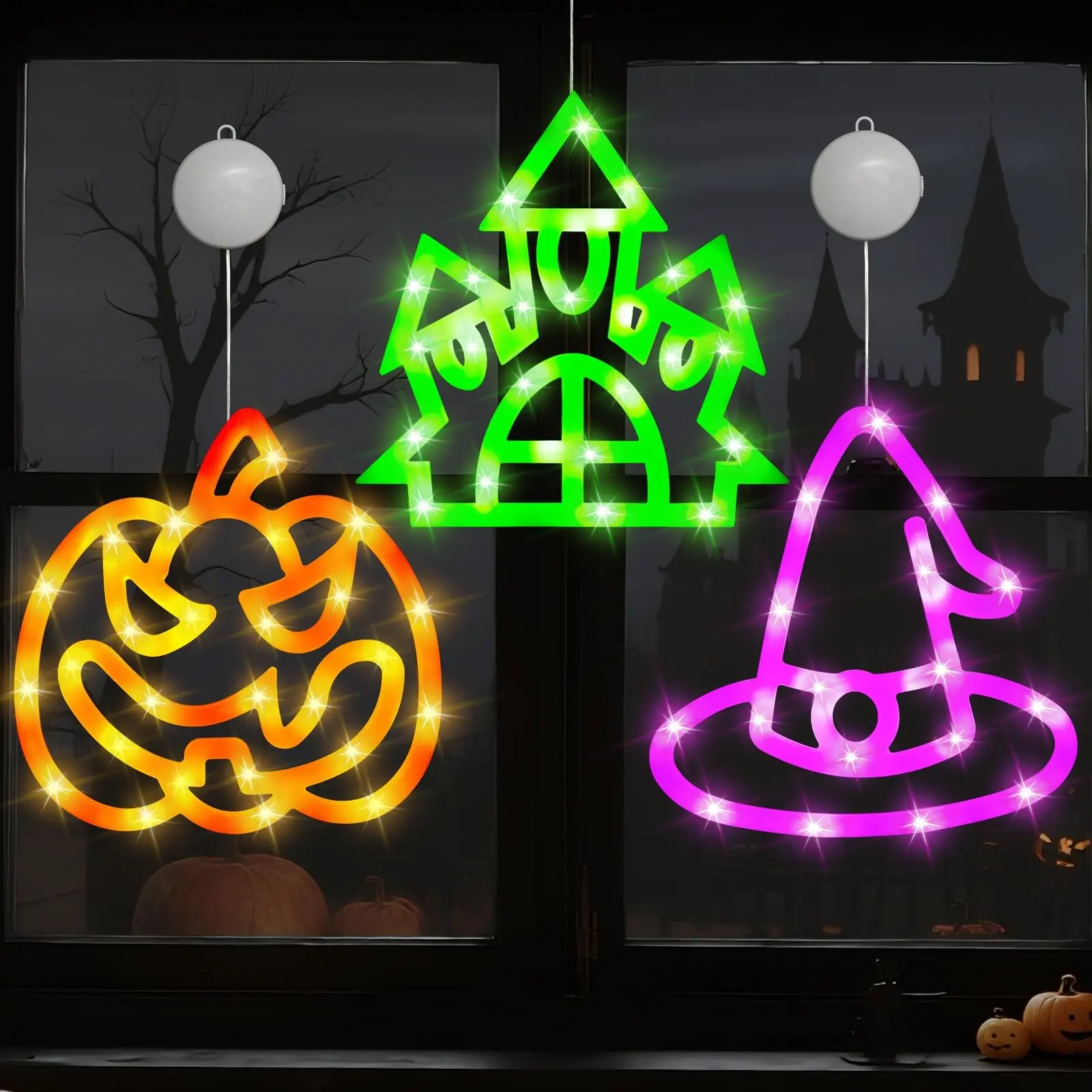 Halloween Window Lights Set of 3, Battery Operated LED Pumpkin Window Decorations, Indoor Halloween Pumpkin Lights for Home Party Shop Display