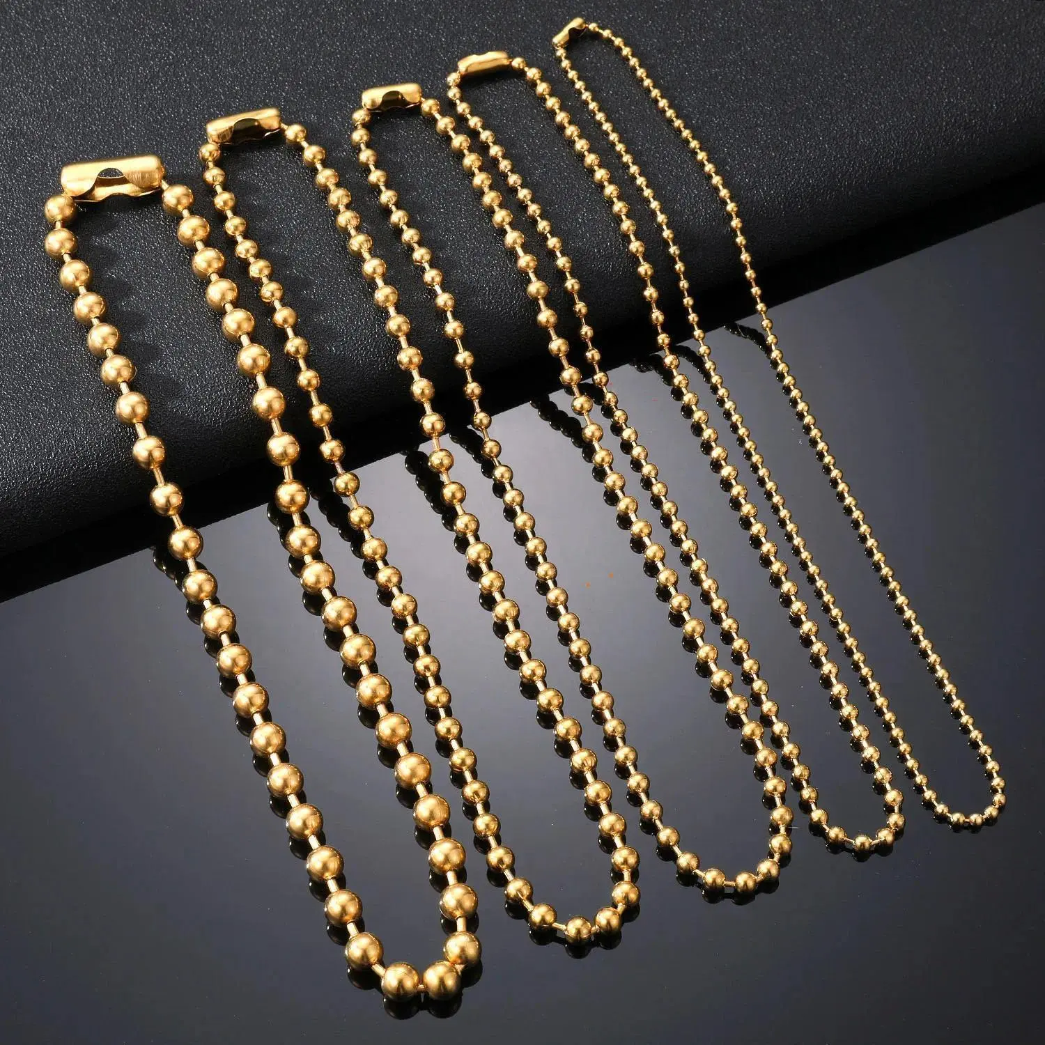 2026 multi-size golden stainless steel ball and bead chain necklace series, waterproof luster gold-plated round ball chain in bulk packaging, multi-specification blank bead chain DIY pendant charm, stackable and layered daily street accessory