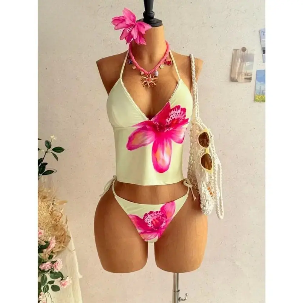 Women's 2-Piece Stretch Swimsuit Set, Sexy Floral Print Halter Neck Tie-Front Triangle Top and High-Cut Thong for Summer Vacation, Swimsuits, High Waisted, Bikini, Bathing Suits, Elastane, Polyester Blend, Two-Pieces