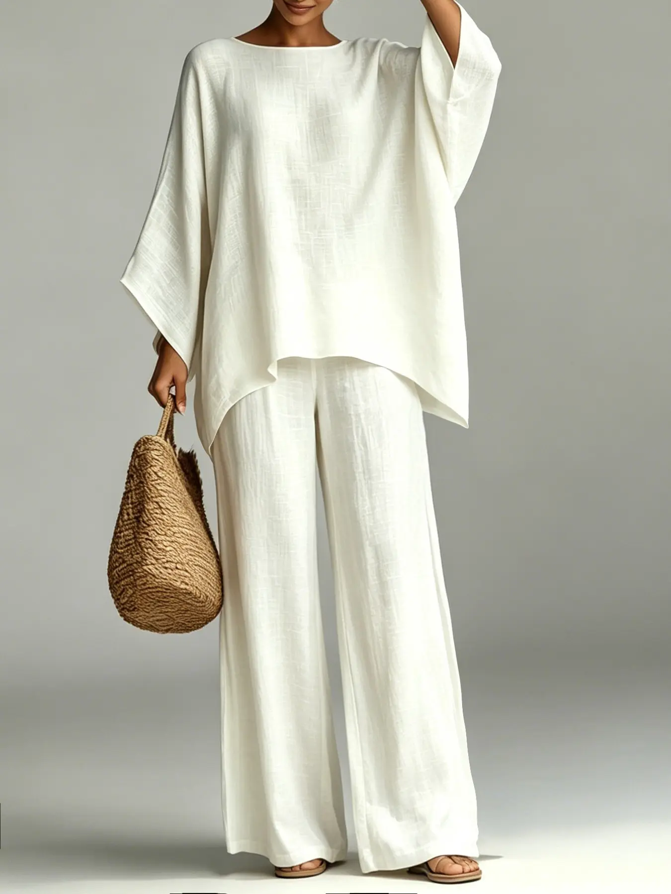 C0812 Women's Boho Two-Piece Co-ord Set, Polyester, Lightweight, Trendy Summer Casual Outfit, Round Neck Loose Batwing Sleeve Top with Irregular Asymmetrical Hem & High Waist Wide Leg Pants, Great for Daily Looks and Holiday Vacations