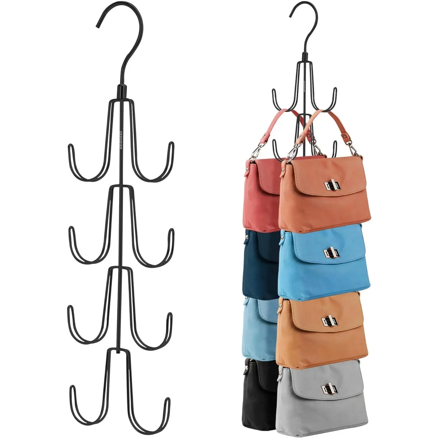 Metal Frame Closet Purse Organizer - Rotatable Hanger, Compact Functional Storage, Max 16 Bags Capacity, Space-Saving Closet Organization Holder for Purses, Backpacks, Black