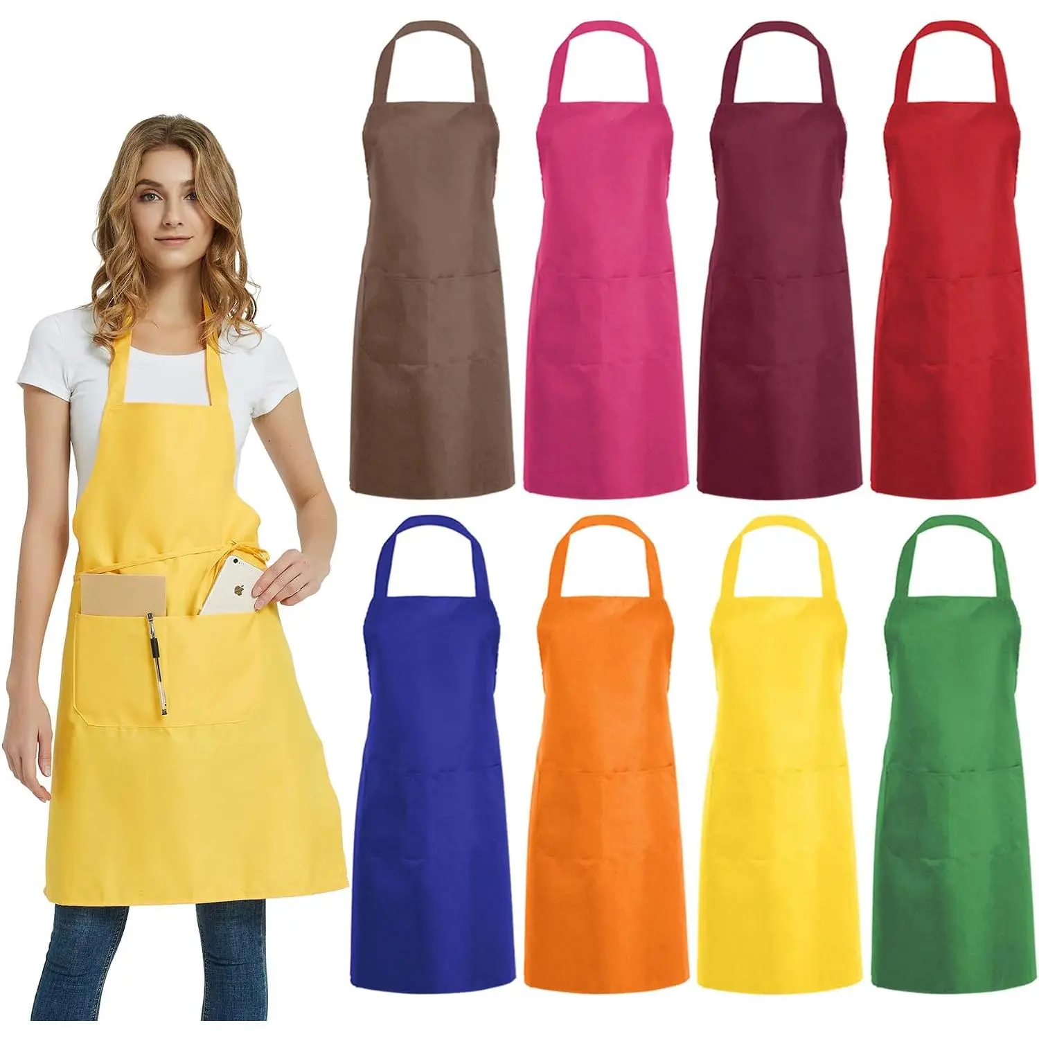 8 count Plain Bib Aprons Bulk -  Color Commercial Apron with 2 Pockets for Kitchen Cooking Restaurant BBQ Painting Crafting