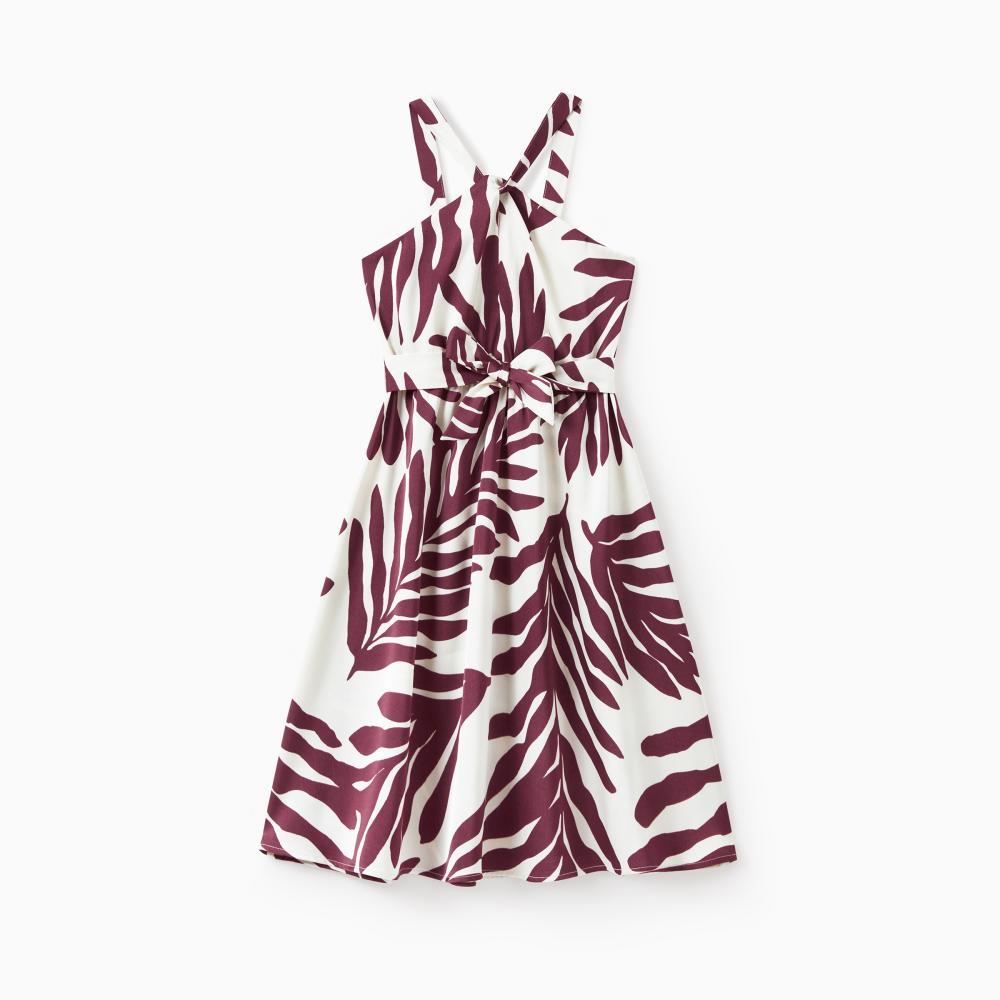 PatPat Family Matching Outfits Red Leaf Print Shirts and Strap Belted Dress for Hawaii/Cruise/Resort/Casual Wear